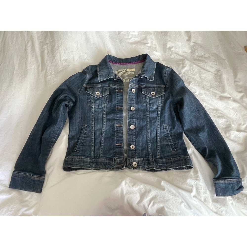 Merona Denim Jacket Dark Wash Classic Trucker Stretch Button Front Blue-Large 80